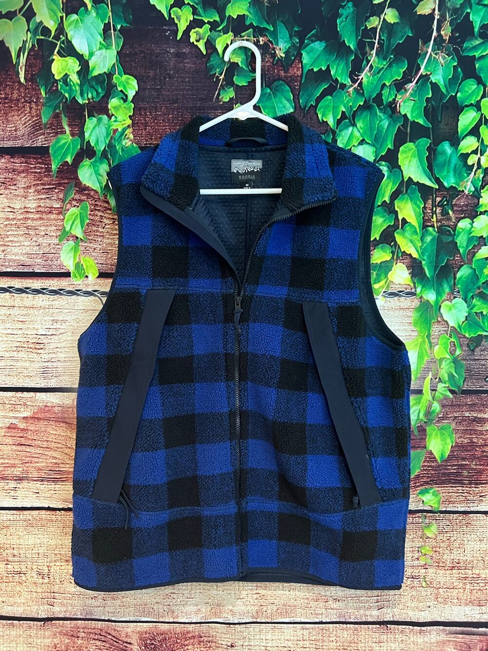 J Crew Nordic Sherpa Fleece Vest Terry Buffalo Check Blue Black Men's M (Fits L)